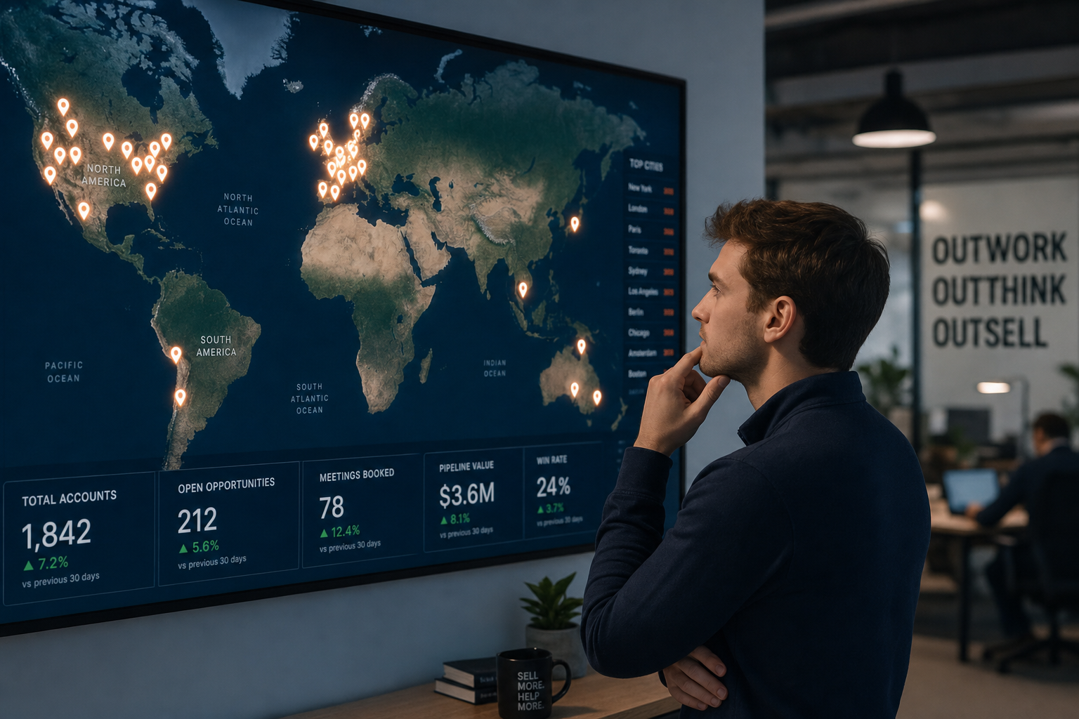 Representante de desenvolvimento de vendas analisando um mapa digital do mundo com pinos de localização de empresas