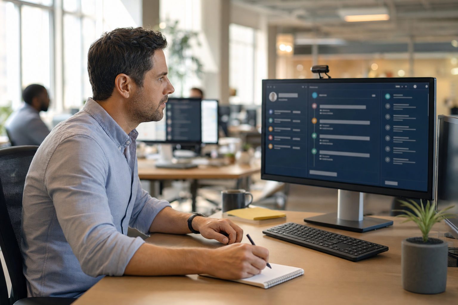 Gerente de vendas revisando uma conta de cliente em um monitor grande em um escritório comercial moderno