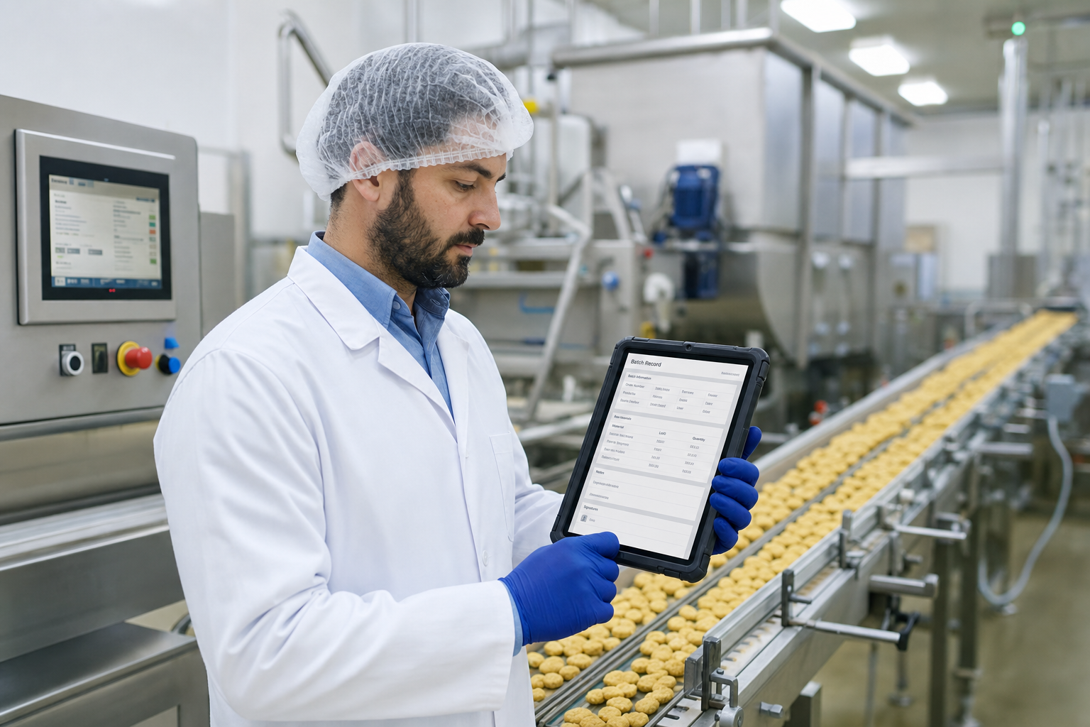 Supervisor de produção de alimentos revisando registro eletrônico de lote em tablet na linha de fabricação